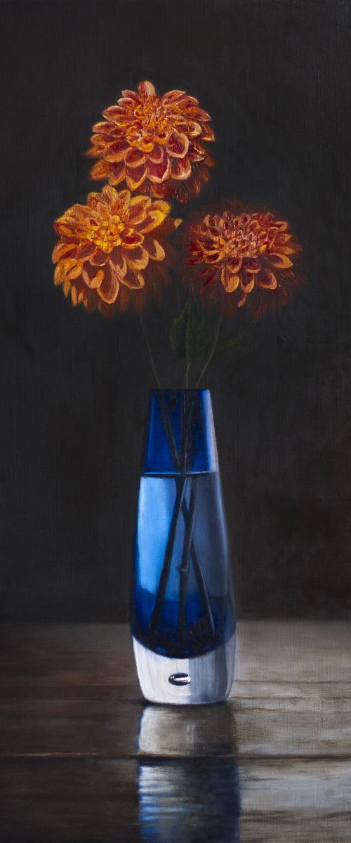 Orange Dahlias, Blue Vase by Andrew McNeile Jones