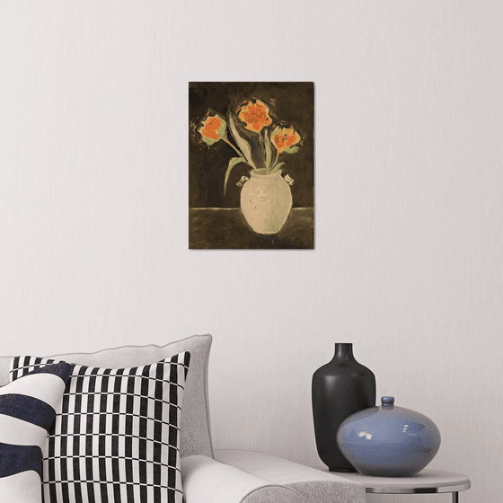 Orange tulips in Chinese vase