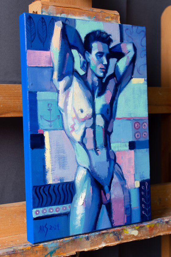 BLUE MALE TORSO by Yaroslav Sobol (Modern Abstract Figurative Oil painting of a Man Nude Male Model Gift Home Decor)