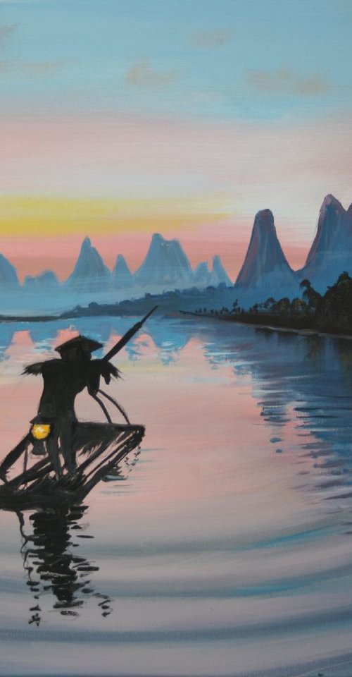 Chinese Bamboo Raft at Sunset by John Begley