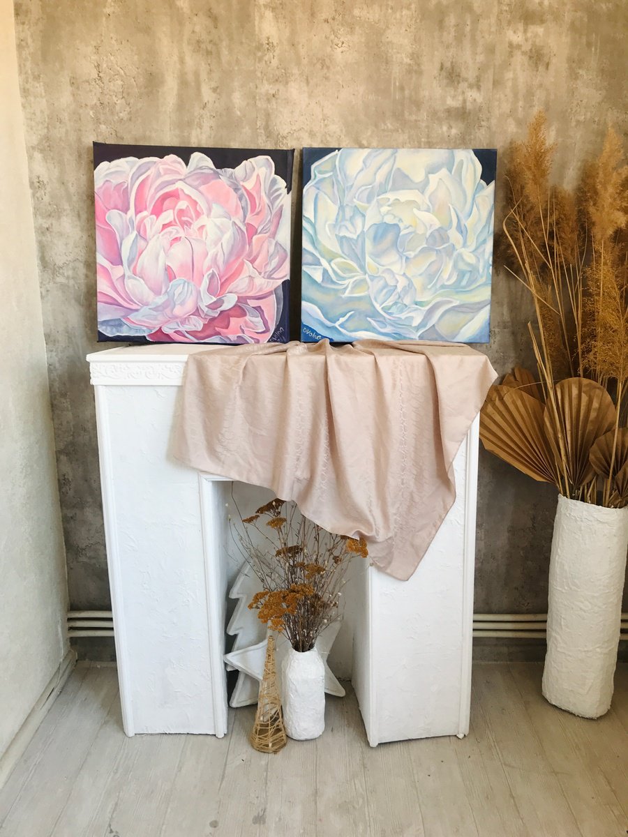 Impressionistic Botanical Oil Painting By Olga Volna, 39 X 20", Diptych Peonies, Original Artwork