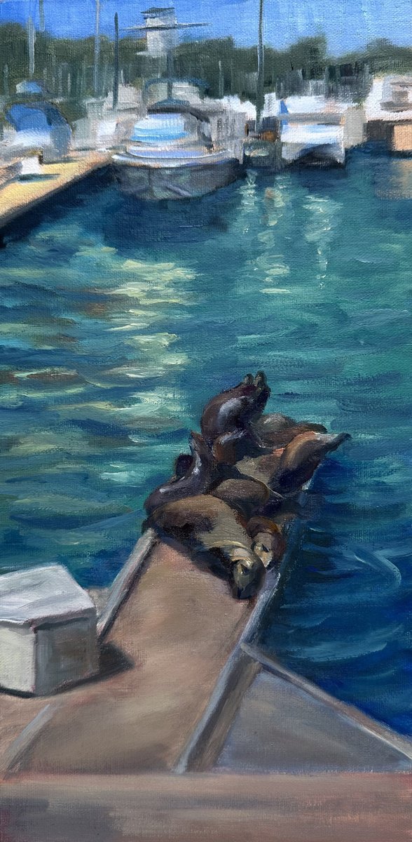 Impressionistic Animal Oil Painting By Grace Diehl, 6 X 12, Sunbathers By The Sea, Original Artwork