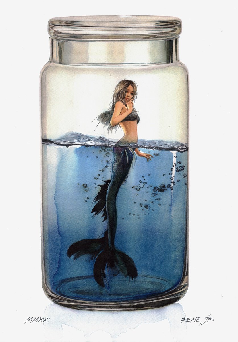 Photorealistic Portrait Watercolour By Reme Jr., 10 X 14", Mermaid In Jar Iv, Original Artwork
