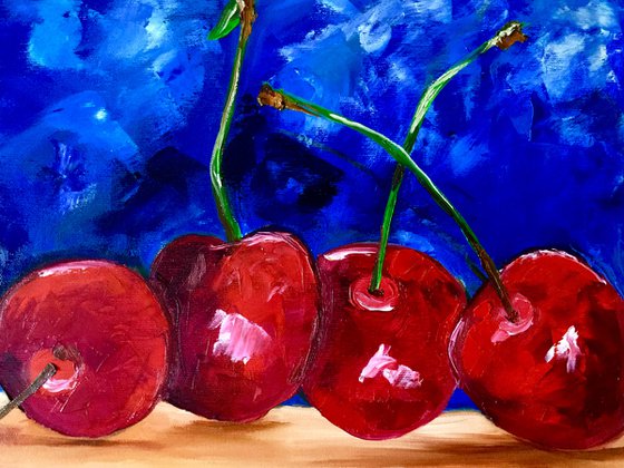 Sweet Cherries. Still life. Ultramarine blue and variations of red colors palette knife oil painting