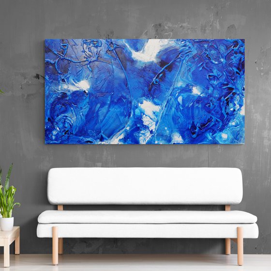 Sapphire Wash 190cm x 100cm Blue Ink Textured Abstract Art