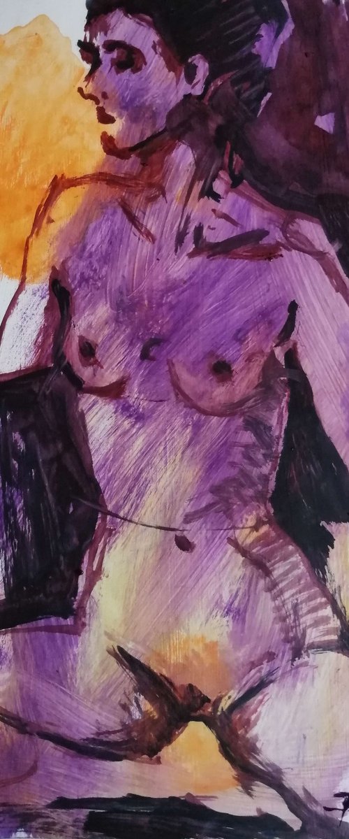 Nude lila study women oil on paper by Olga David
