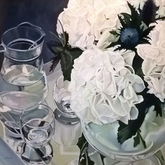 Glass Reflections With White Hydrangeas (RESERVED FOR SJ)