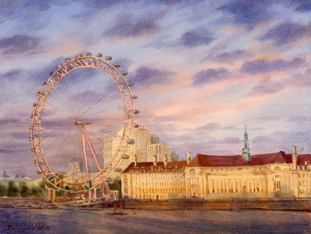 Photorealistic Landscape Watercolour By Yulia Krasnov, 14 X 10", London Sky, Original Artwork