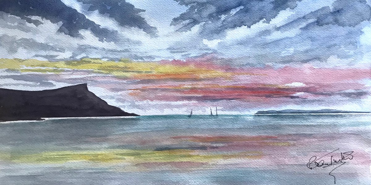 Impressionistic Landscape Watercolour By Brian Tucker, 18 X 9, Evening At Fair Head On The Antrim Coast, Original Artwork