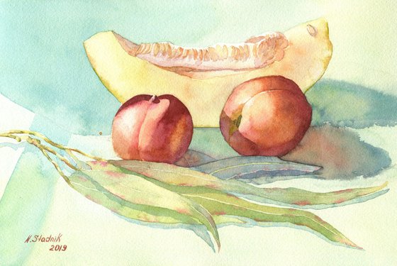 Ukrainian watercolour. Cypriot sketches. Melon with peaches