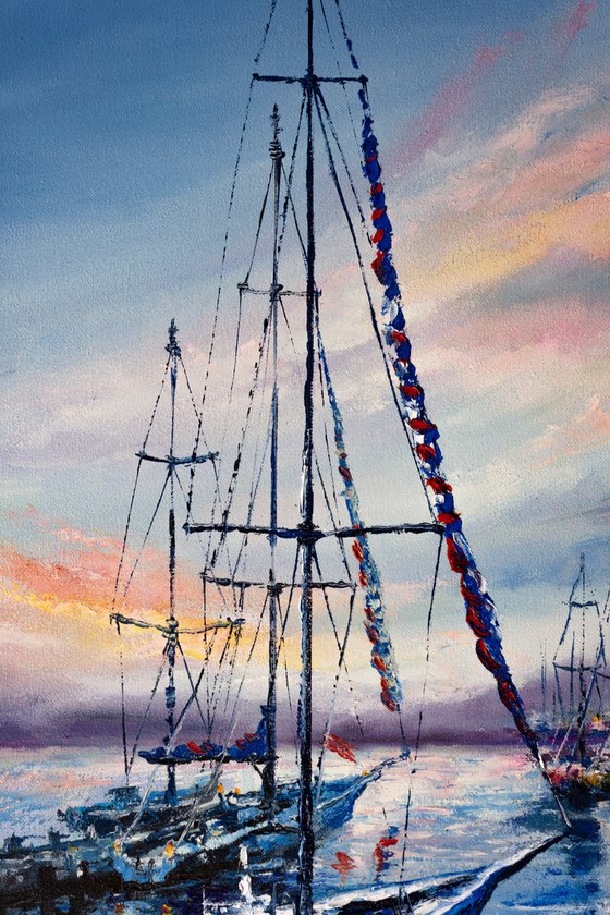 "Sailboats in the harbor" ,  ships , sky