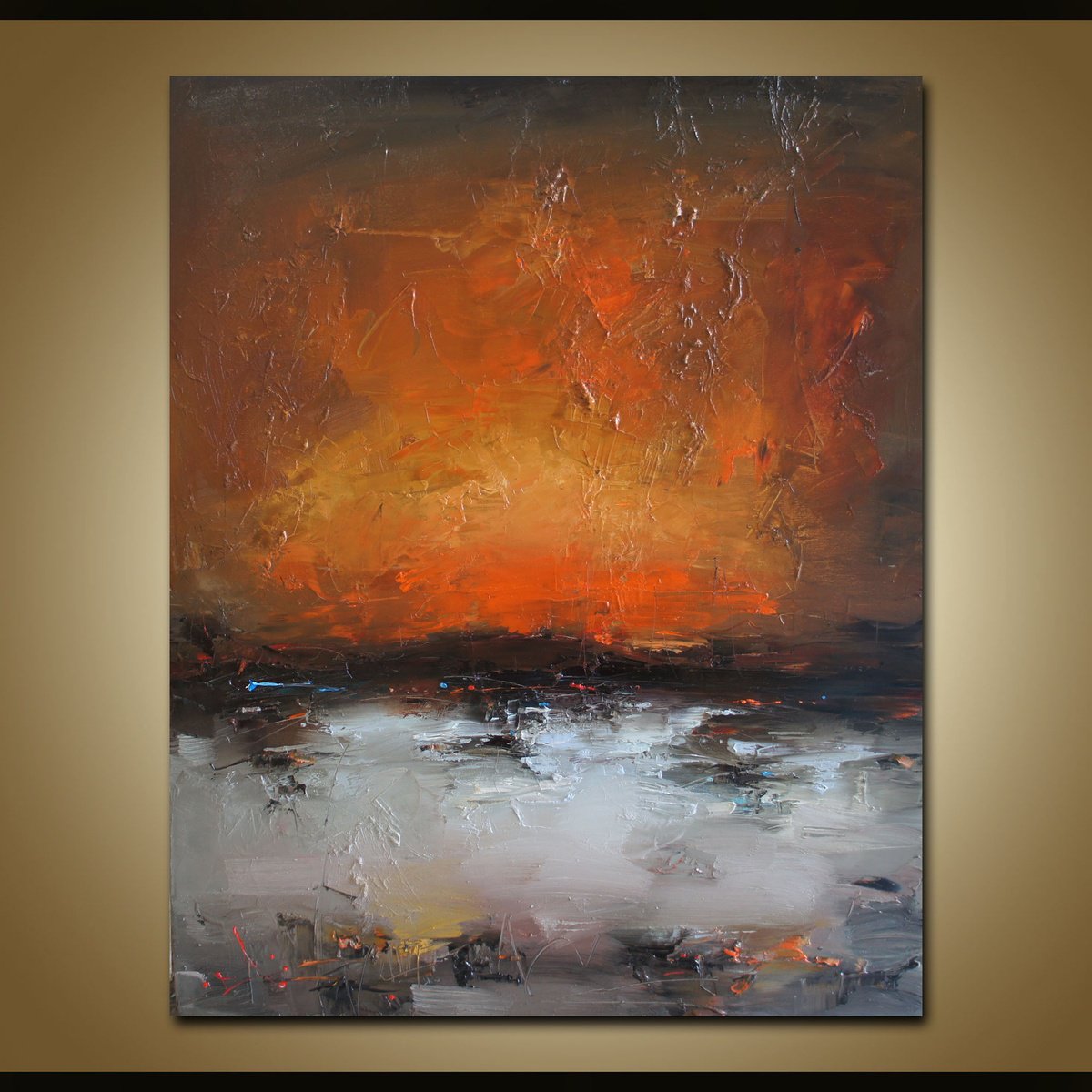 Abstract Landscape Oil Painting By Stanislav Lazarov, 31 X 39", Rusty Sunset, Original Artwork