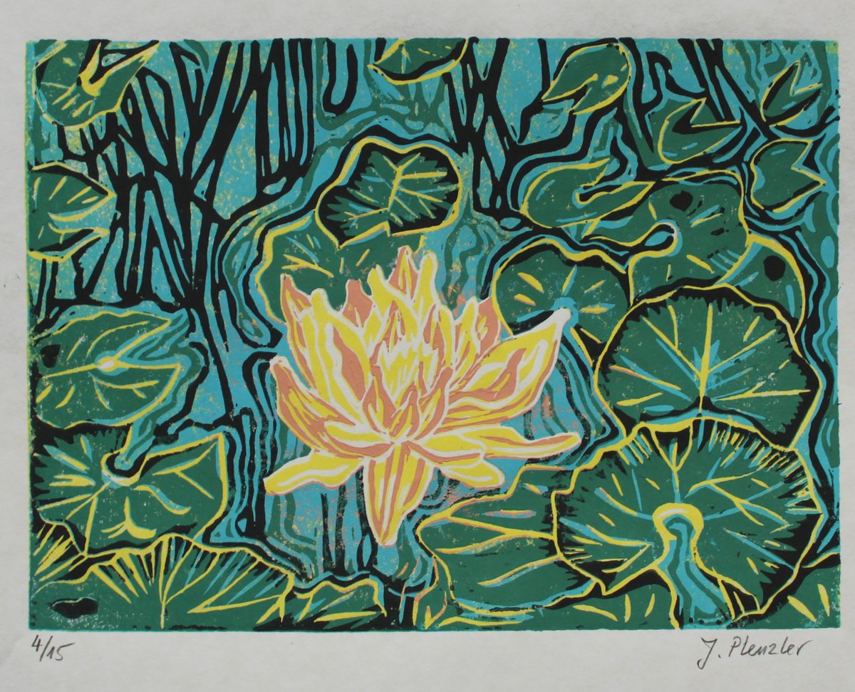Graphic Botanical Linocut By Joanna Plenzler, 12 X 9, Waterlily, Original Artwork