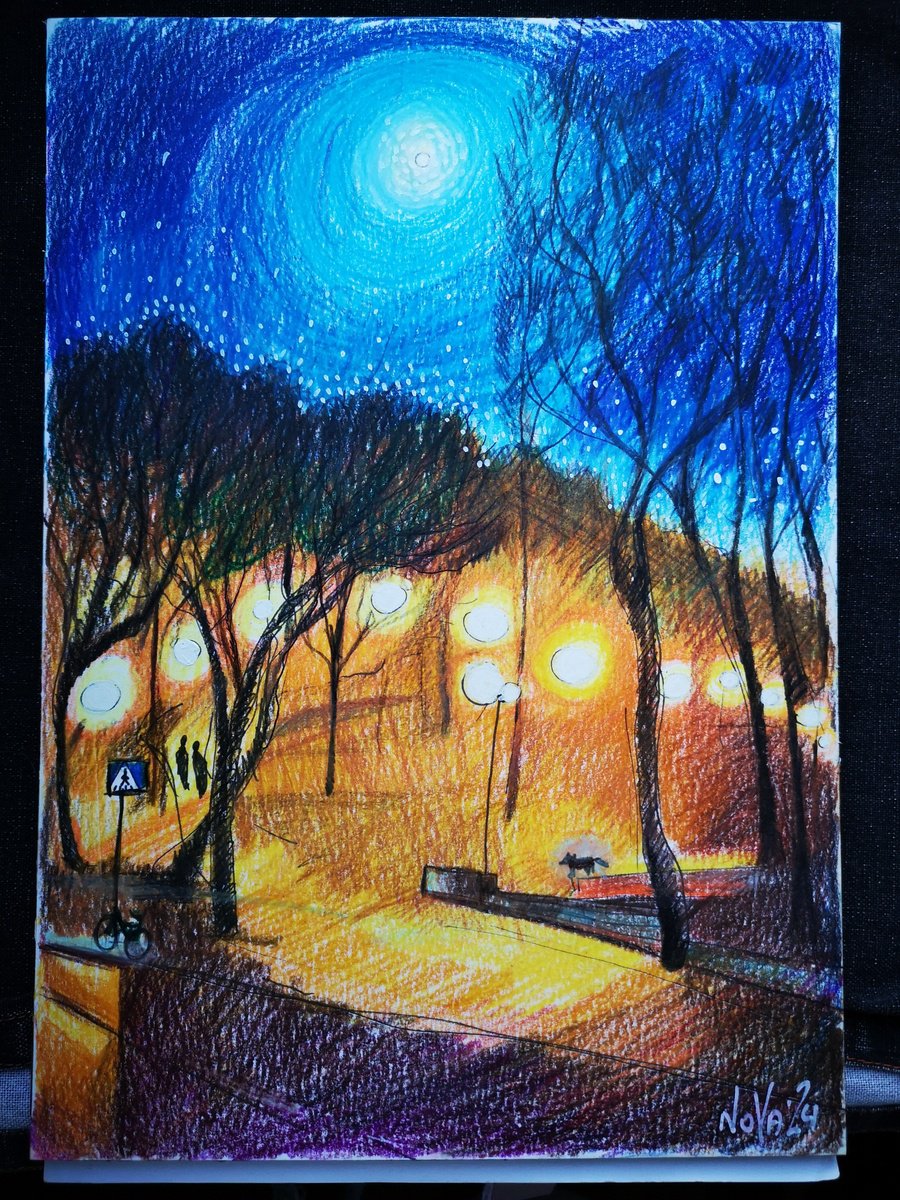 Impressionistic Pencil Drawing , Full Moon And Foggy Park By Jelena Nova, 8 X 12, Artwork For Sale On Artfinder