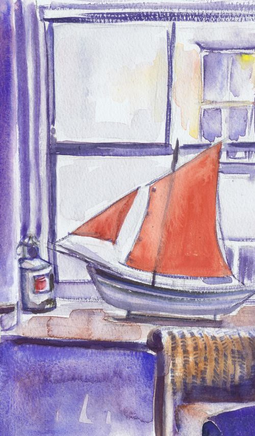 Red Sail in the Cottage Window, Staithes by Michele Wallington