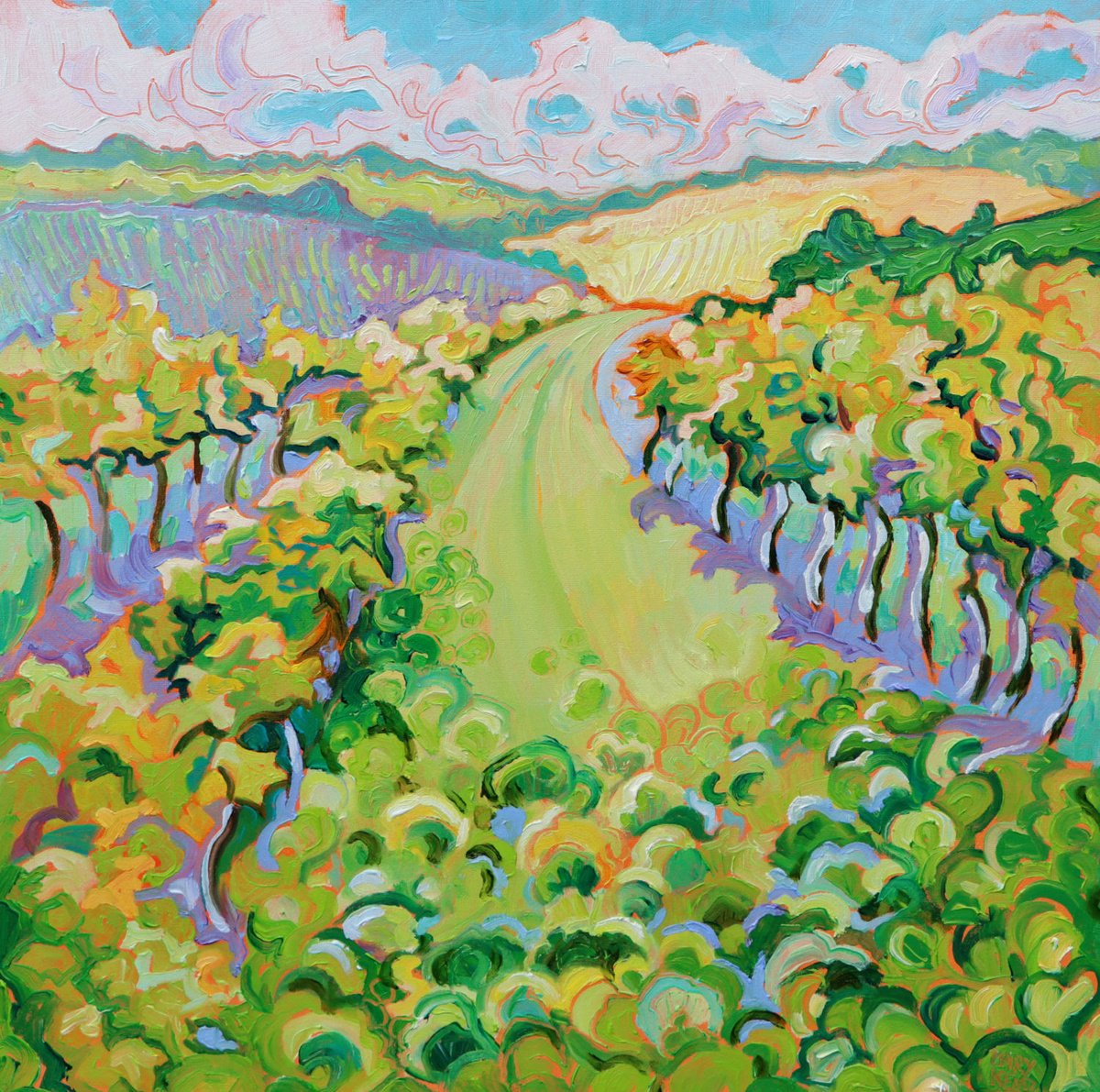 Impressionistic Landscape Oil Painting By Mary Kemp, 16 X 16", Rutland Vineyard, Brighter #3, Original Artwork