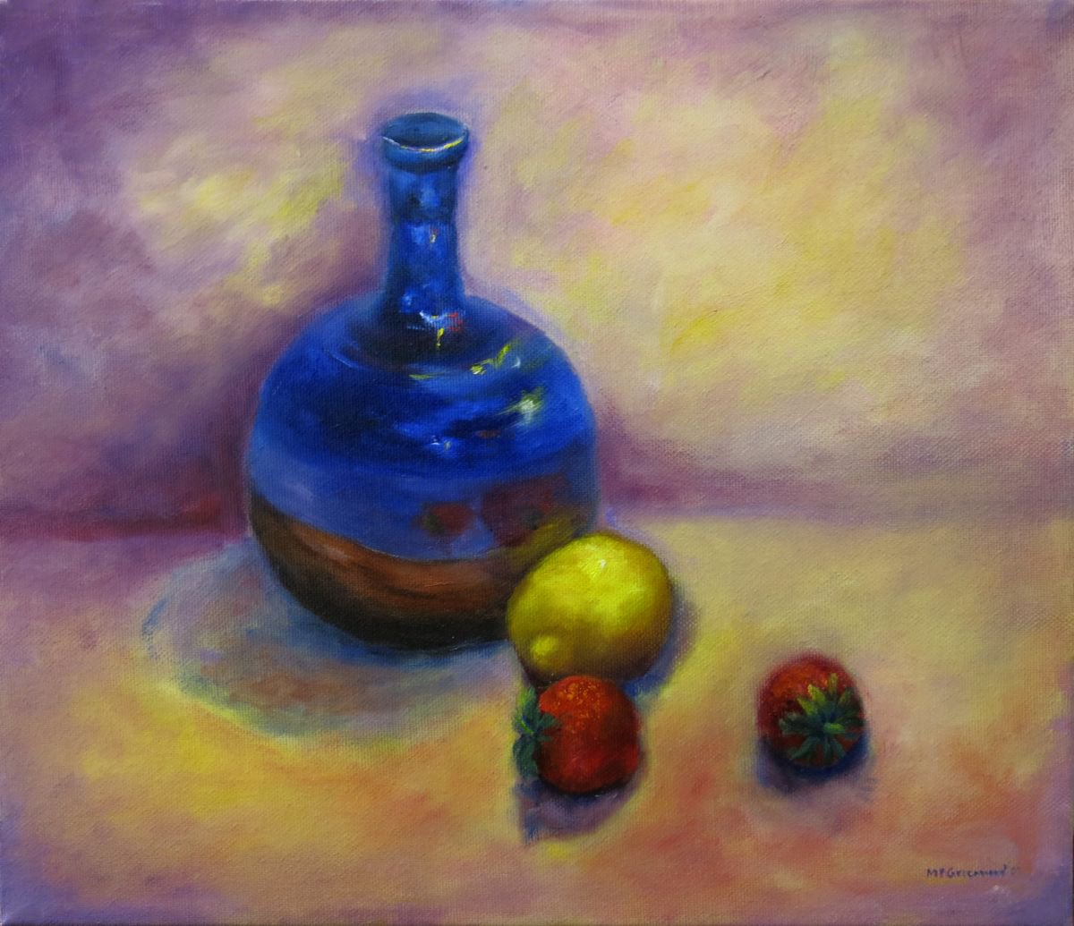 Blue Pot and Strawberries by Maureen Greenwood