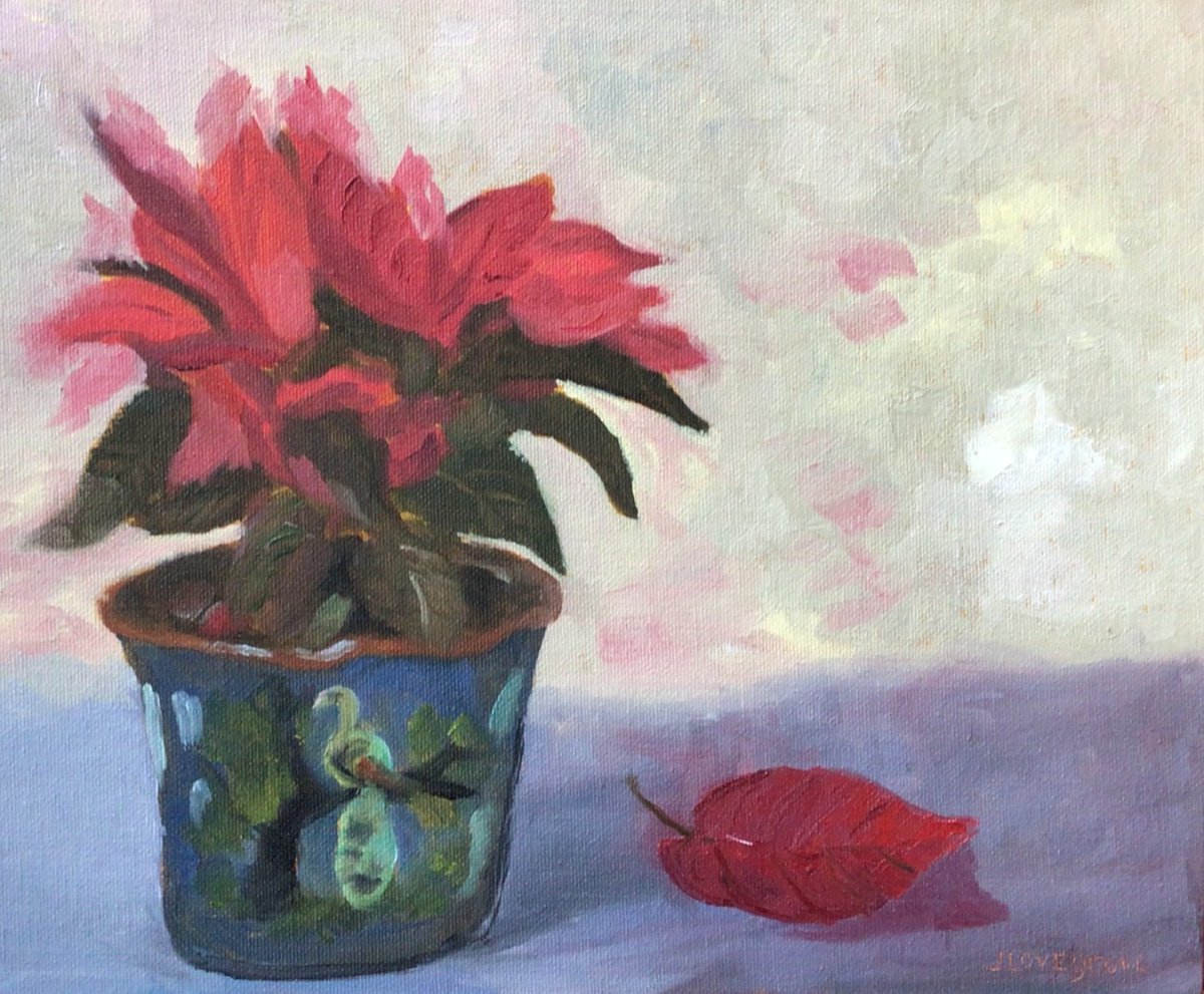 Pot of Poinsettias - An original still life oil painting by Julian Lovegrove Art