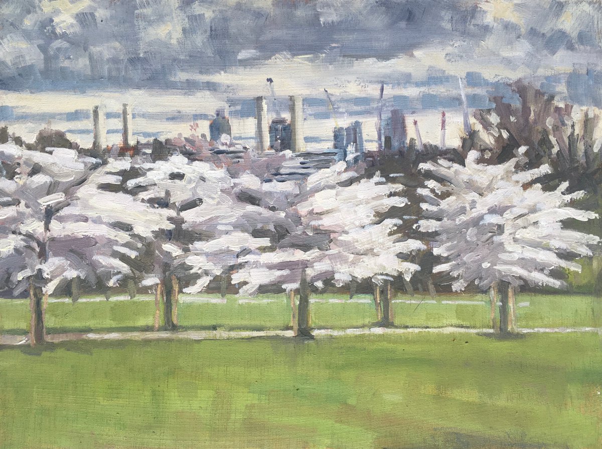 Impressionistic Landscape Oil Painting By Louise Gillard, 12 X 9", Cherry Blossom Avenue, Battersea Park, Original Artwork