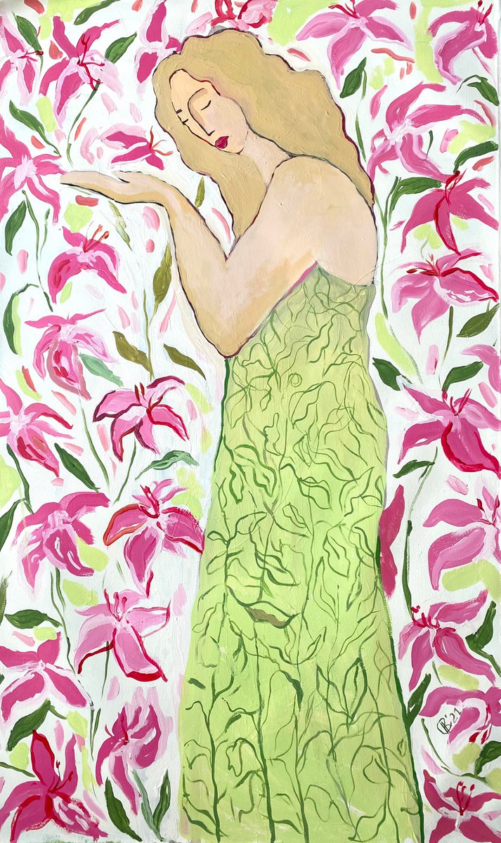 Spring - woman and lilies, lilies flowers, flowers and woman painting, large painting, w... by Ksenia Kozhakhanova