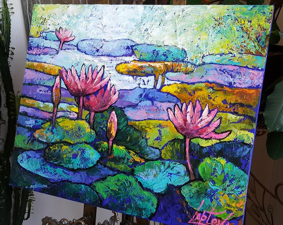 Painting Pink lilies in the pond, landscape