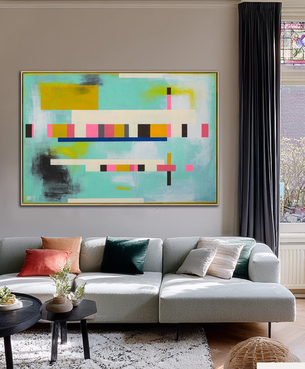 Abstract Acrylic Painting By Ronald Hunter, 47 X 31", Master Plan Blue, Original Artwork