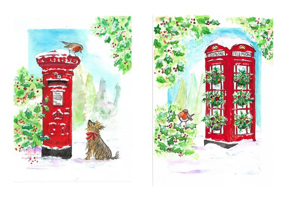 Red mailbox and phone box Christmas