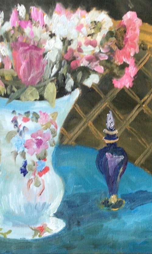 Spring flowers and a scent bottle, studio oil painting by Julian Lovegrove Art