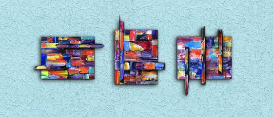 "The Pixel Variations" - FREE USA SHIPPING - Original Triptych PMS Mixed Media Sculptural Paintings On Wood, Framed -  65 x 26 inches