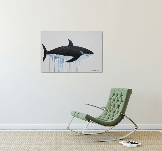 Large Abstract The Great White Shark. Acrylic painting on canvas. Ocean animals, black, white. Painting 61x91cm.