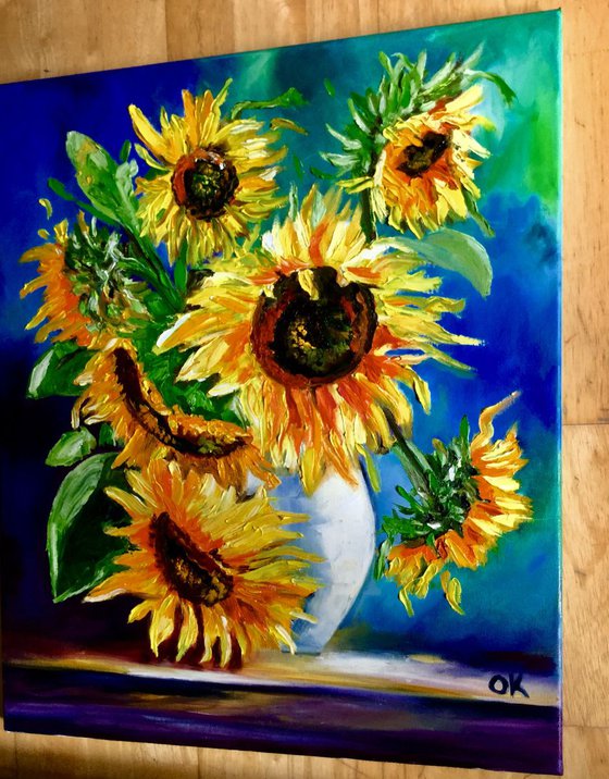 BOUQUET OF SUNFLOWERS inspired by VINCENT VAN GOGH . palette knife modern  oil still life painting on blue purple pink yellow Dutch style office home decor gift