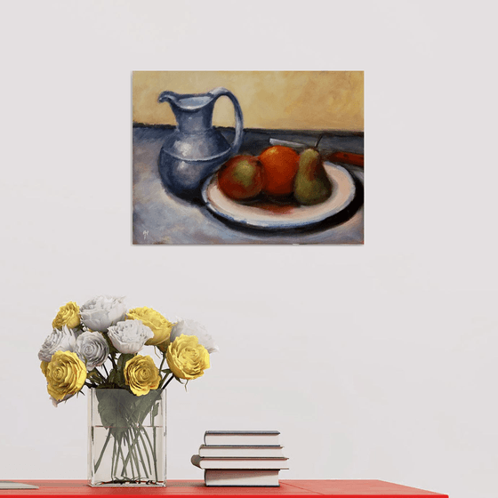 Still life with pewter jug and fruit