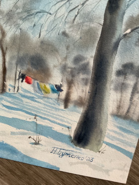 Winter washday, original watercolour