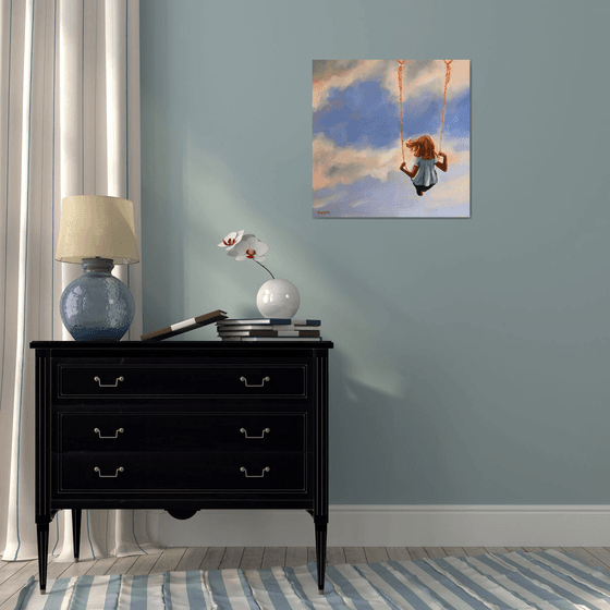 Childhood - Small Girl on Swing Cloud Sky Painting Painting