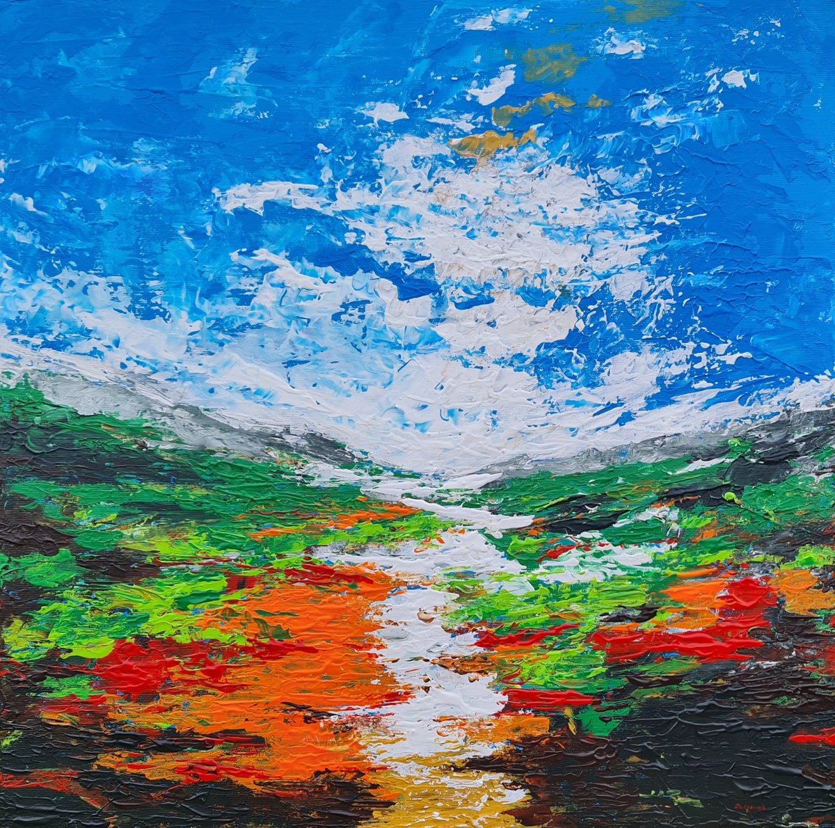 Abstract Landscape Acrylic Painting By Daniel Urbani?k, 20 X 20, Colorful Landscape, Original Artwork