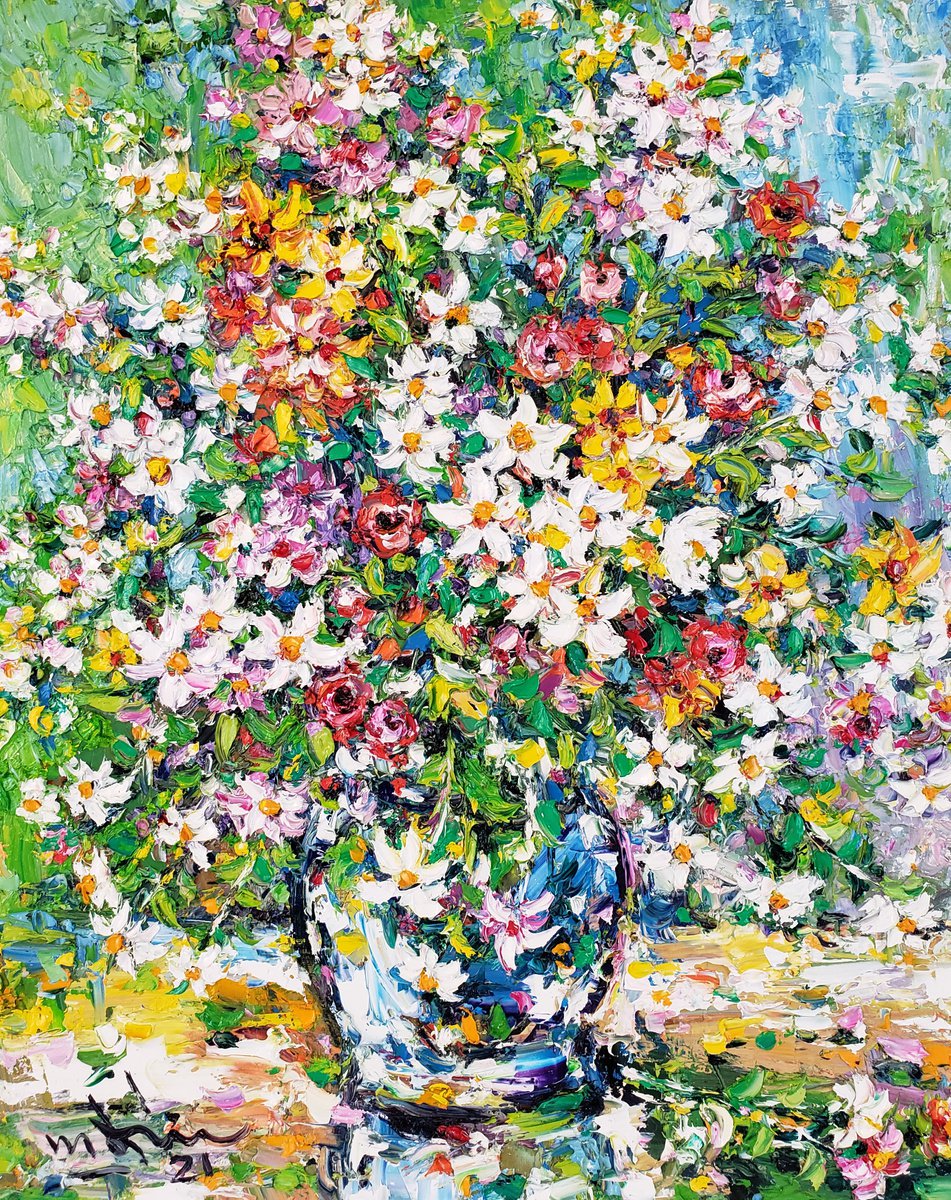 Impressionistic Botanical Oil Painting By Duc Tran, 16 X 20, Wildflowers In The Sun, Original Artwork
