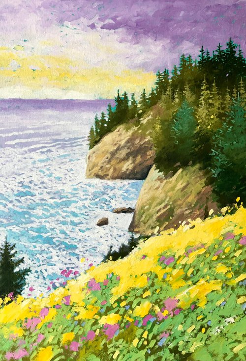 Rocky coastline with yellow flowers by Volodymyr Smoliak