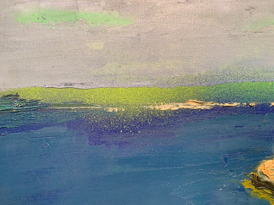 Small landscape painting - "Green sunset" - Seascape - Lake - River - Nature