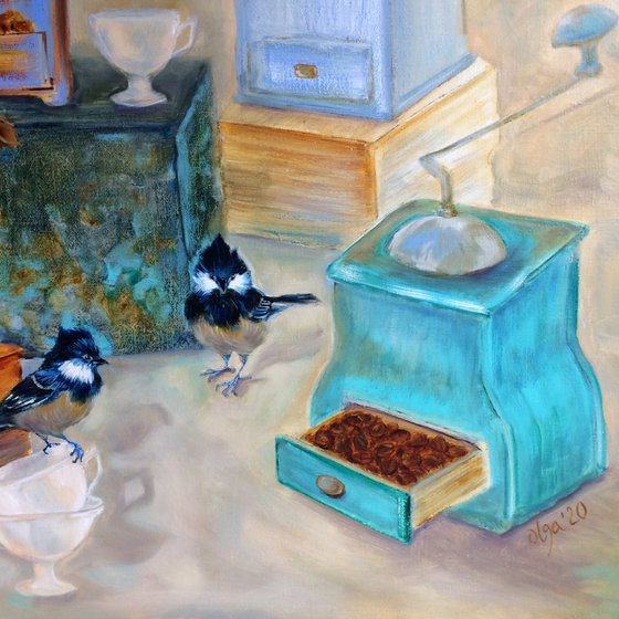 Still life oil painting - Coffee grinders and birds - Square canvas - Kitchen wall art