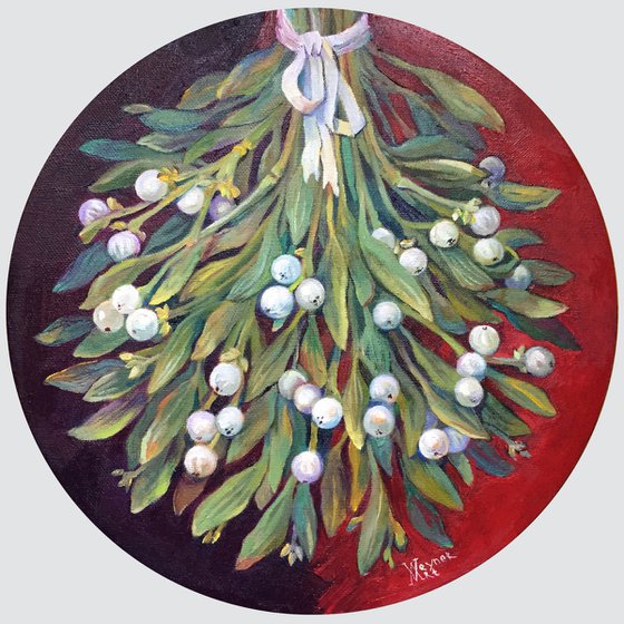 Mistletoe branches. Christmas decor. Christmas painting.