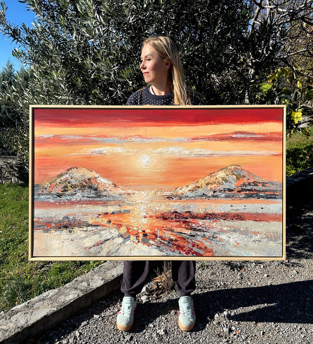 Abstract Landscape Acrylic Painting By Lana Guise, 49 X 29", Crimson Horizon, Original Artwork