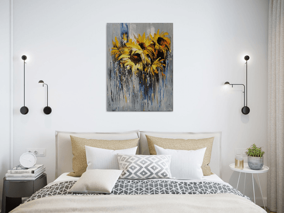 Yellow sunflowers (60x80cm, oil painting, palette knife, ready to hang)