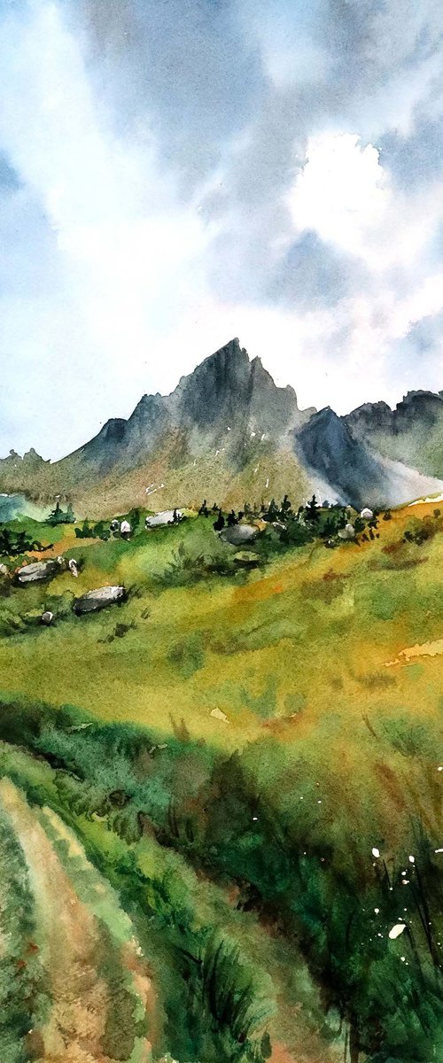 Green Valley, Mont Blanc - Original Watercolor Painting by Yana Shvets