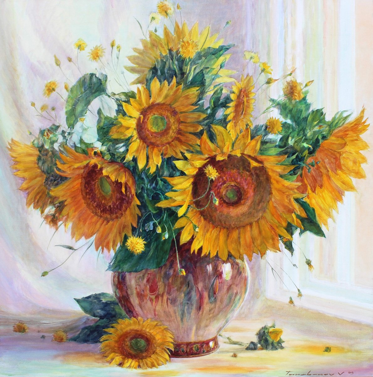 Impressionistic Botanical Acrylic Painting By Volodymyr Tarabanov, 36 X 36", Sunflowers By The Window, Original Artwork