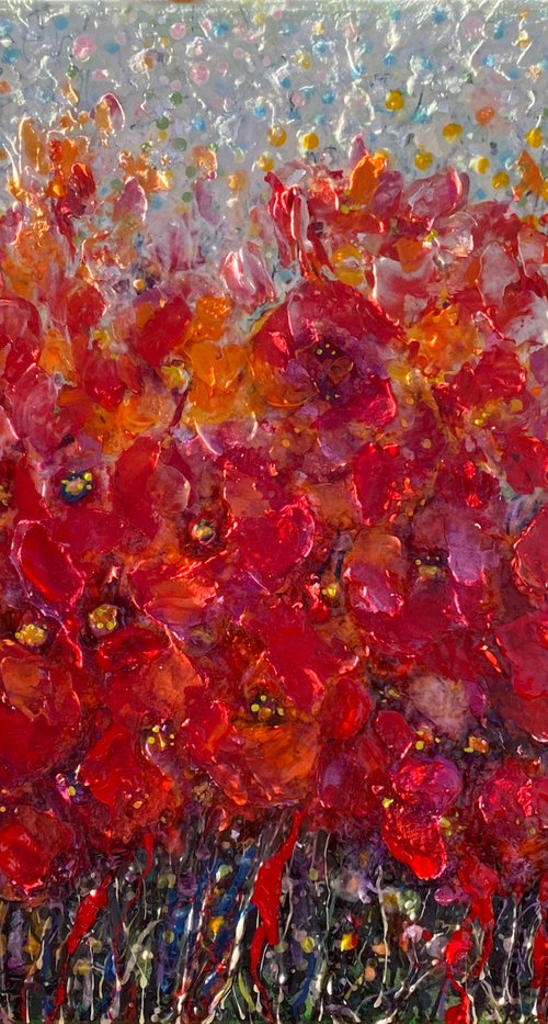 Poppy Field  -  Floral Abstract  Original Palette Knife Painting by OLena Art 14 X 18: X 0.5" by Lena Owens at OLena Art