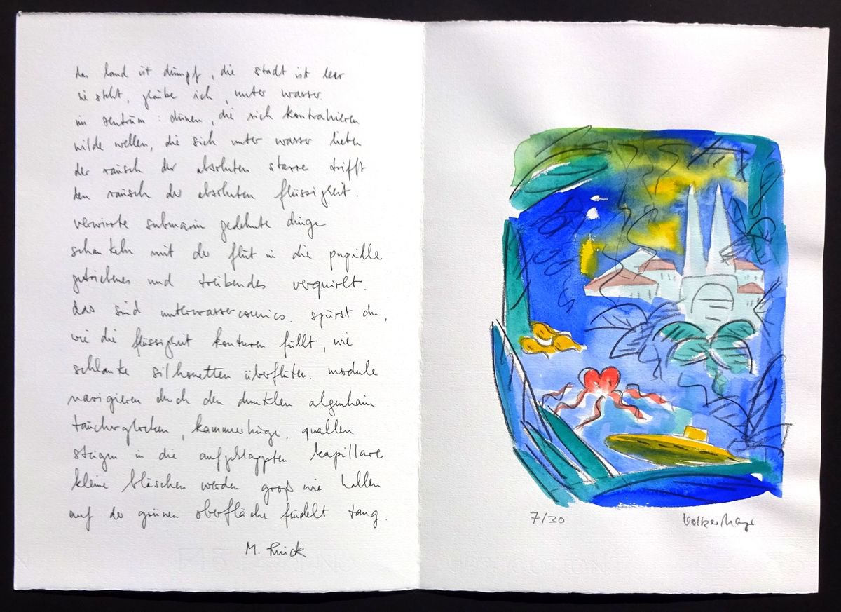 Monika Rinck: City under water, Variant 7 - handwritten poem and original gouache by Volker Mayr