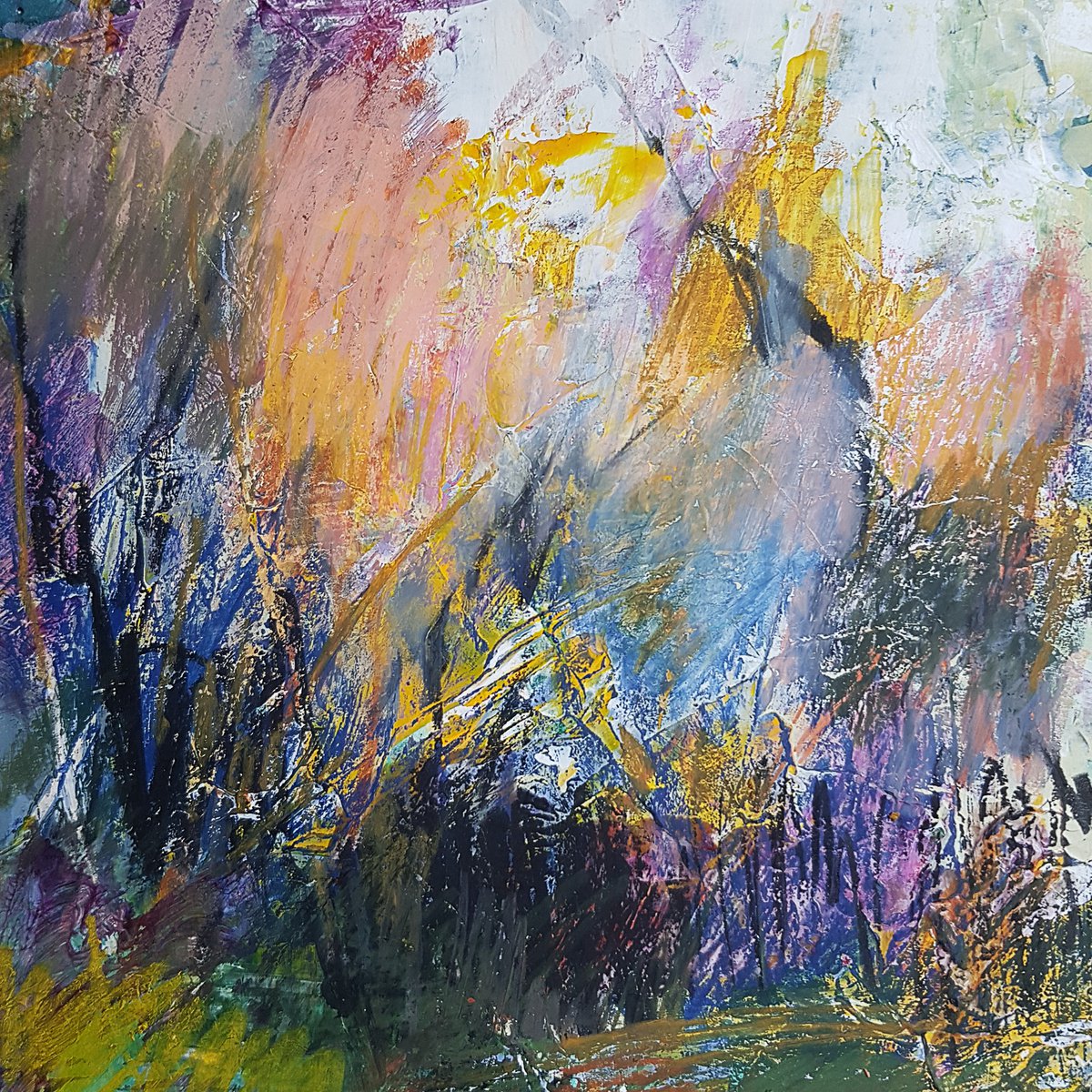 Les brumes acres - modern abstract contemporary landscape - mixed media on paper - small... by Fabienne Monestier