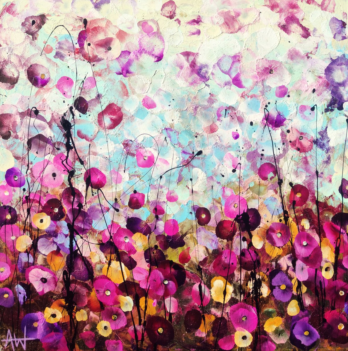 Expressive Botanical Acrylic Painting By Angie Wright, 35 X 35, Sky Dance, Original Artwork