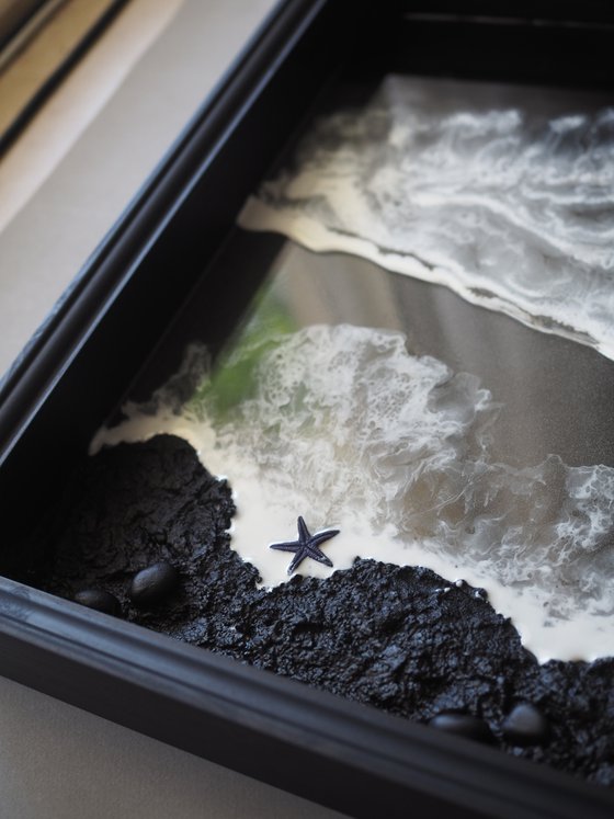 Black and white voluminous beach - original resin seascape artwork, 3d and framed