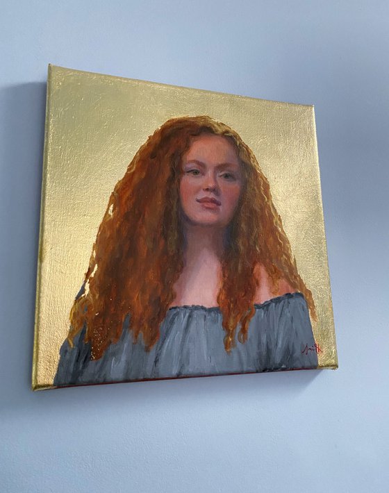 Classical Redhead Portrait with Gold-leaf : Contemporary Oil Painting.